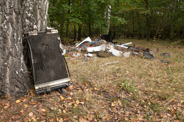 Abandoned corroded car radiator in the middle of the forest in autumn, Illegal garbage dump