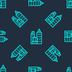 Green line City landscape icon isolated seamless pattern on blue background. Metropolis architecture panoramic landscape. Vector Illustration.
