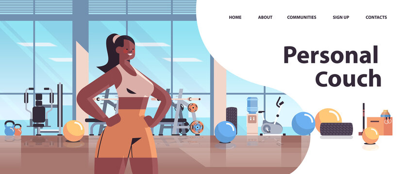 african american woman personal fitness trainer standing in sport gym workout training healthy lifestyle concept horizontal portrait copy space vector illustration