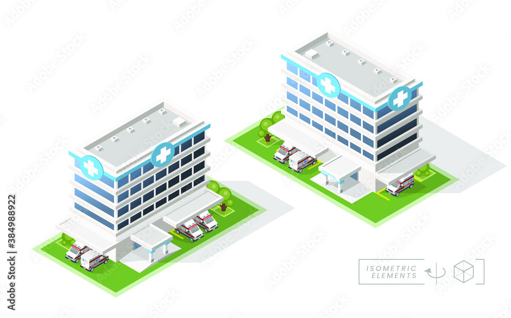 Wall mural isometric high quality city hospital with shadows on white background . isolated vector elements