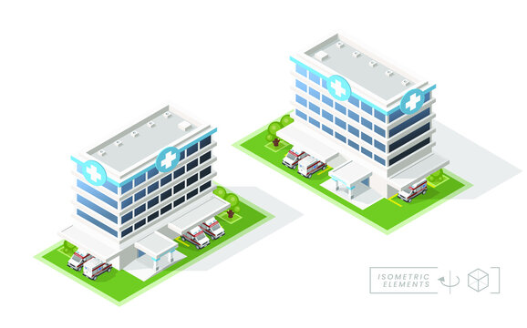Isometric High Quality City Hospital with Shadows on White Background . Isolated Vector Elements