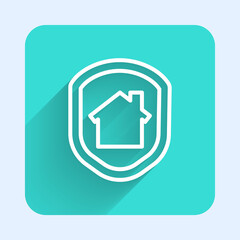 White line House under protection icon isolated with long shadow. Home and shield. Protection, safety, security, protect, defense concept. Green square button. Vector Illustration.