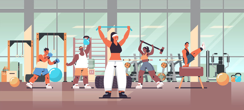 mix race people doing physical exercises working out fitness training healthy lifestyle concept modern gym studio interior full length horizontal vector illustration