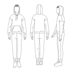 Vector sports suit with pants and hoodie. Technical drawing of man's figure sketch. Vector thin line girl model template. Man's body front back and side view.