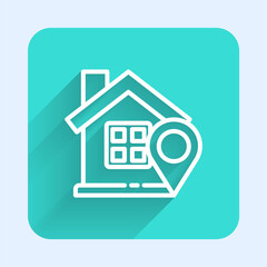 White line Map pointer with house icon isolated with long shadow. Home location marker symbol. Green square button. Vector Illustration.