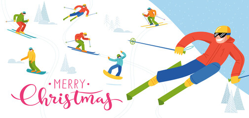 Ski resort banner or card with people doing winter sports.