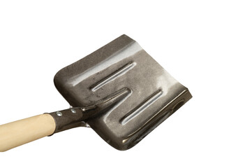 Iron shovel with wooden handle insulated on white background