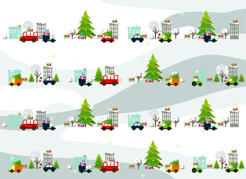Christmas card, decorated Christmas tree with garlands, toys and balls, Christmas gifts and cars