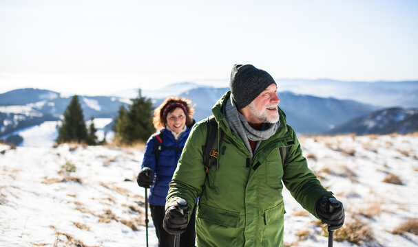 Senior couple with nordic walking poles hiking in snow-covered winter nature. - Powered by Adobe