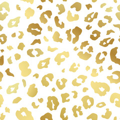 Trendy gold leopard skin abstract seamless pattern. Vector wild animal cheetah golden metallic yellow texture on white for fashion print design, textile, cover, wrap, wallpaper, background © Ketmut