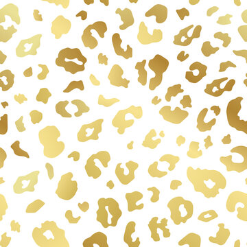 Trendy Gold Leopard Skin Abstract Seamless Pattern. Vector Wild Animal Cheetah Golden Metallic Yellow Texture On White For Fashion Print Design, Textile, Cover, Wrap, Wallpaper, Background