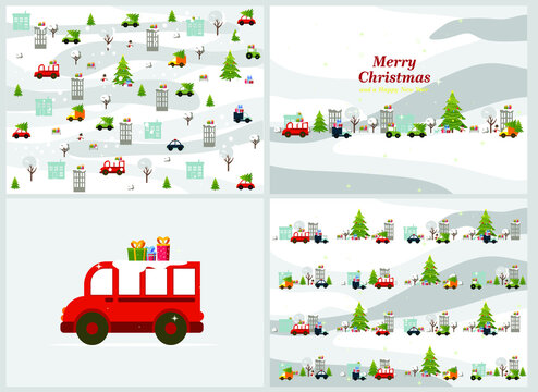set of Christmas cards, decorated Christmas tree with garlands, toys and balls, Christmas gifts and cars