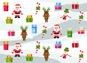 Christmas background, decorated Christmas tree with garlands, toys and balls, Christmas gifts and santa claus, deer, snowman