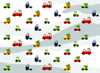 Obraz premium Christmas card, decorated Christmas tree with garlands, toys and balls, Christmas gifts and cars