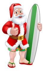 Christmas cartoon of Santa Claus with his surfboard giving a thumbs up