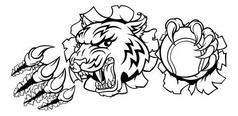 A tiger tennis player cartoon animal sports mascot holding a ball in its claw