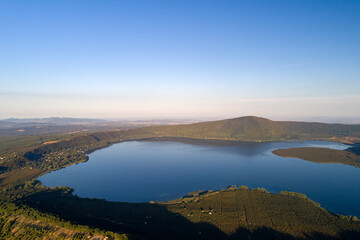 Aerial view of Lake Vico in Viterbo. Flying over water, nature and a wonderful landscape