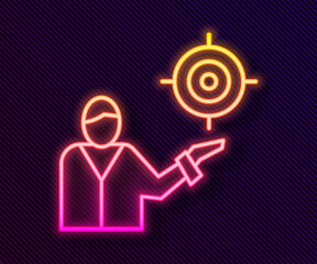 Glowing neon line Marketing target strategy concept icon isolated on black background. Aim with people sign. Vector.