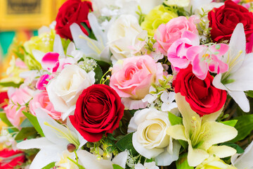 Bouquet of roses flowers decor close up in love wedding ceremony background