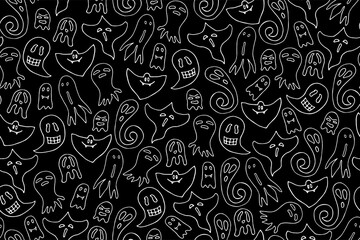 Seamless doodle Halloween pattern. Outline Ghosts isolated on black background. Hand drawn cute scary spirits. Vector apparition banner for spooky autumn holidays, chalk board, textile, prints, web