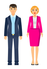 Cartoon characters, stylish businesspeople wearing office suits. Businessman wear blue jacket, shirt, trousers. Businesswoman wearing pink jacket and skirt with white blouse. Office dresscode concept