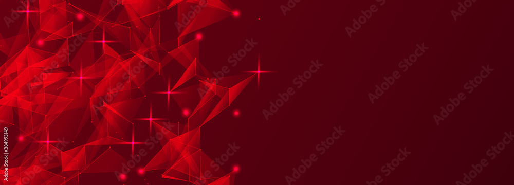 Poster Red abstract polygonal space with connecting dots and lines. Dark background. Vector Illustration