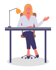 Vector illustration of businesswoman sitting at the table in the office and working. Lady gesturing waving hand. Isolated woman smiling, wearing office suit. Workplace of office worker, lamp at table