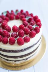 Whole chocolate naked cake with white cheese cream decorated fresh raspberries on a white wooden table, close up.