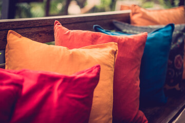 Colourful bed on sofa close up