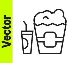 Black line Popcorn in cardboard box and paper glass with drinking straw and water icon isolated on white background. Soda drink glass. Vector.