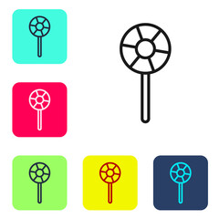 Obraz premium Black line Lollipop icon isolated on white background. Candy sign. Food, delicious symbol. Set icons in color square buttons. Vector.