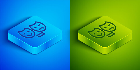 Isometric line Comedy and tragedy theatrical masks icon isolated on blue and green background. Square button. Vector.