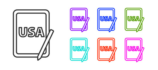 Black line USA United states of america on graphic tablet icon isolated on white background. Set icons colorful. Vector.