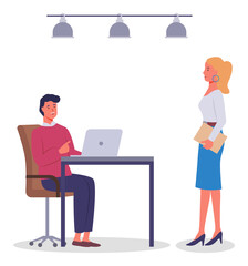 Office workers. Colleagues communicating. Executive guy sitting at table gesturing hand, using laptop, talking with woman, secretary, partner. Colleagues talking. Boss talk with worker, employee