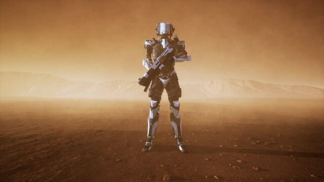 futuristic soldier in desert at sandstorm