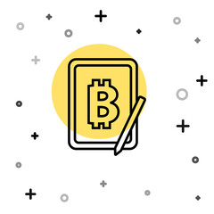 Black line Mining bitcoin from graphic tablet icon isolated on white background. Cryptocurrency mining, blockchain technology service. Random dynamic shapes. Vector.