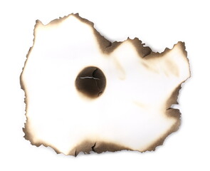 Burned and charred paper scrap, parchment isolated on white background, top view