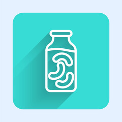 White line Pickled cucumbers in a jar icon isolated with long shadow. Green square button. Vector.