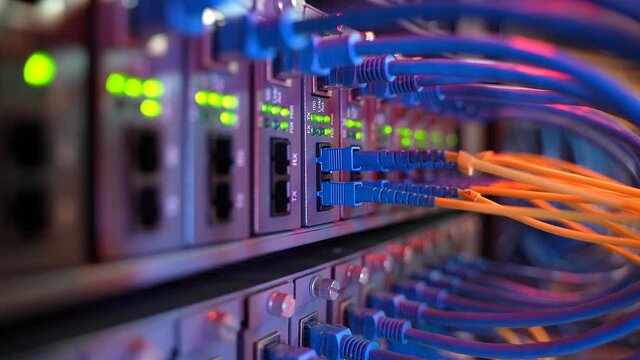 Fiber Optic cables connected to an optic ports and Network cables connected to ethernet ports