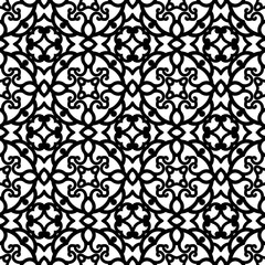 Black and white background, seamless swirl pattern, curly lace texture, abstract lattice ornament for anti stress coloring book