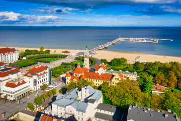 The sunny scenery of Sopot city and Molo - pier on the Baltic Sea. Poland