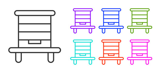 Black line Hive for bees icon isolated on white background. Beehive symbol. Apiary and beekeeping. Sweet natural food. Set icons colorful. Vector.