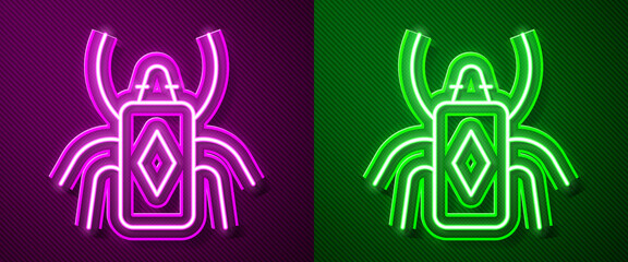 Glowing neon line Beetle bug icon isolated on purple and green background. Vector.