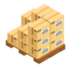 Boxes at wooden pallet, postal transportation, delivery product in carton packages isolated at white. Warehouse with card boxes, isometric icon. Packaging cargo, boxes stack. Vector illustration
