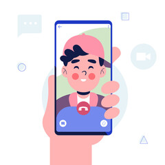Video call. Hand holding Smartphone with man on screen. Mobile phone in hand. Isolated on white background. Flat design vector illustration