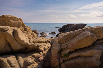 Fototapeta na wymiar Coastal path of Sant. Antoni de Calonge to Aro beach - View of the rock forms at the coastal tip of Las Roques Planes on the Costa Brava, St. Antoni de Calonge, Catalonia, Spain