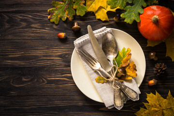 Autumn table setting top view.