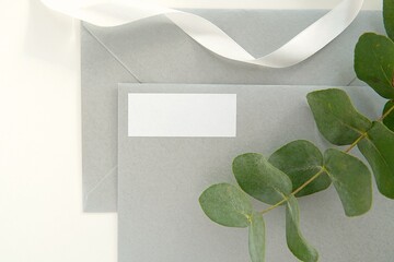 Return address label mockup on silver envelope, elegant wedding 1x2,5 empty sticker, eucalyptus...