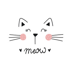 Cute cat vector design.Children illustration for School books and more. Meow slogan. Animal print.