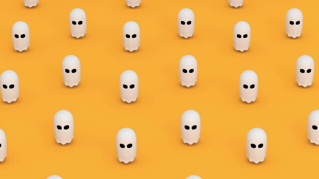 3D animation of a Halloween background with cute cartoon ghost on orange surface